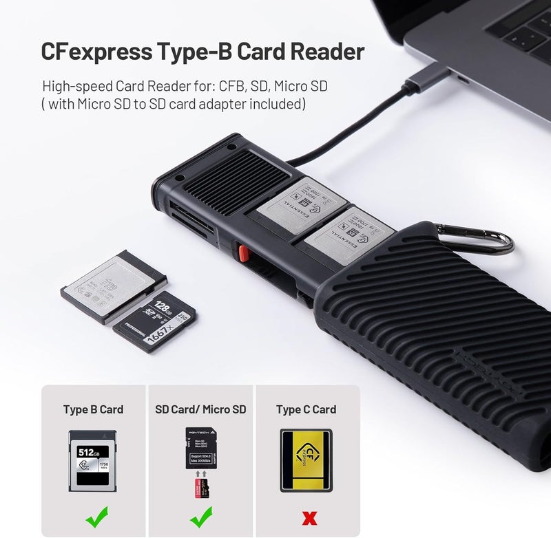 PGYTECH حافظة قارئ بطاقة Createmate CFexpress Type B USB 3.2 Gen 2 10Gbps قارئ بطاقة SD للمصورين (CFexpress-B، أسود) - Image 2
